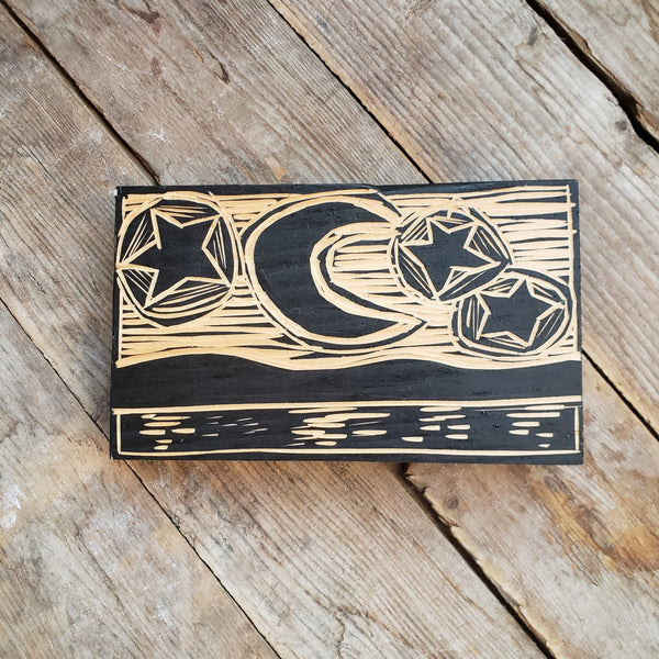 Wood Block Carving - Moon & Three Stars