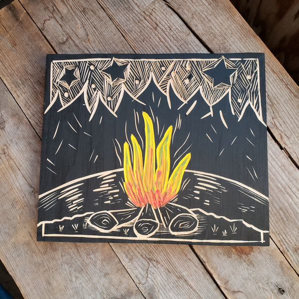 Wood Block Carving - Colourful Campfire