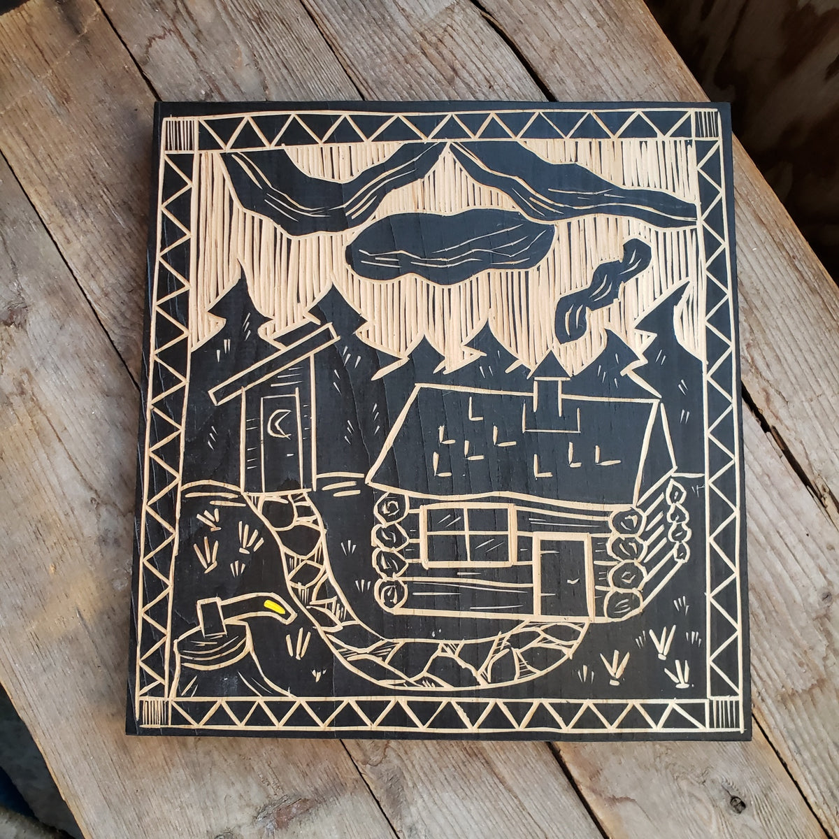 Wood Block Carving Log Cabin The Potter's Studio & Gallery