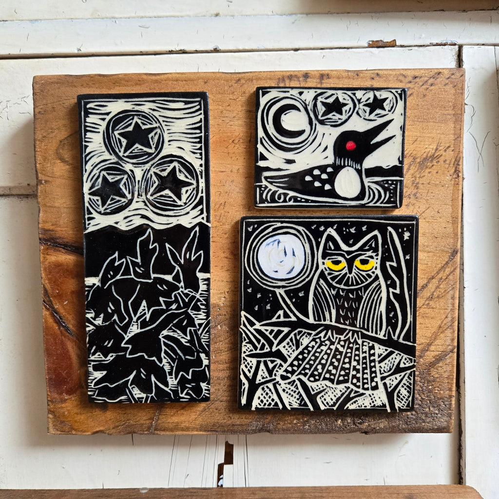 Ceramic Wall Art - Owl, Loon,  Shoreline with Trees