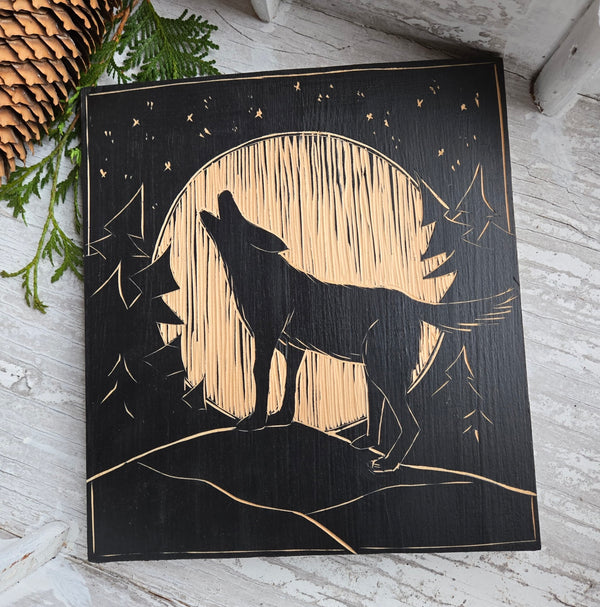 Wood Block Carving - Howling Wolf